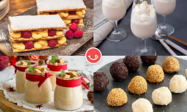 Deliciosas recetas navideñas dulces: milhojas con frambuesas, postres en vasito, bombones y copas de crema.