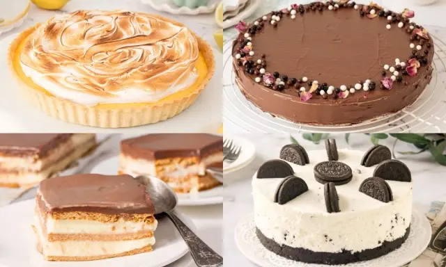 Cuatro deliciosos postres para cumpleaños de adultos: tarta de limón, pastel de chocolate, milhojas y tarta de Oreo.