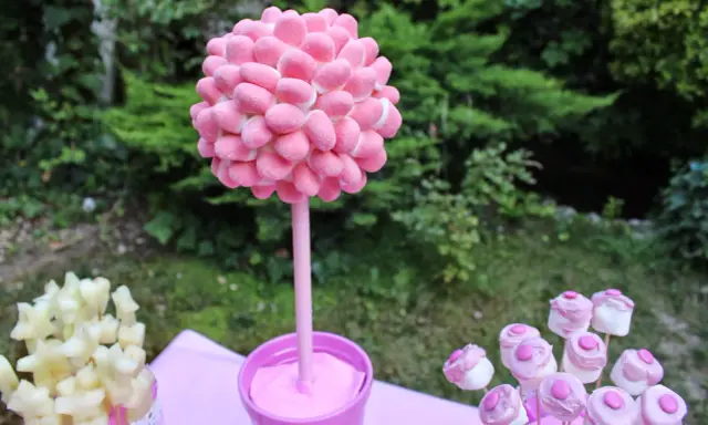 Un árbol de gominolas rosa, decorado con dulces, preside una mesa de fiesta al aire libre.