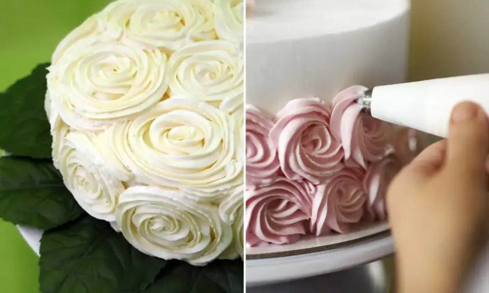 Delicado bizcocho con decoración de rosas de crema blanca y rosa. Un detalle de la elaboración de la decoración de bizcocho.