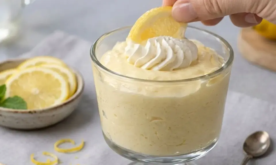 Delicioso mousse de limón receta original, decorado con crema batida y una rodaja de limón.