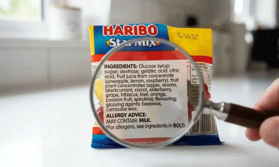 Una lupa examina la etiqueta de ingredientes de un paquete de Haribo Star Mix. ¡Cuidado! Los Skittles tienen gluten.