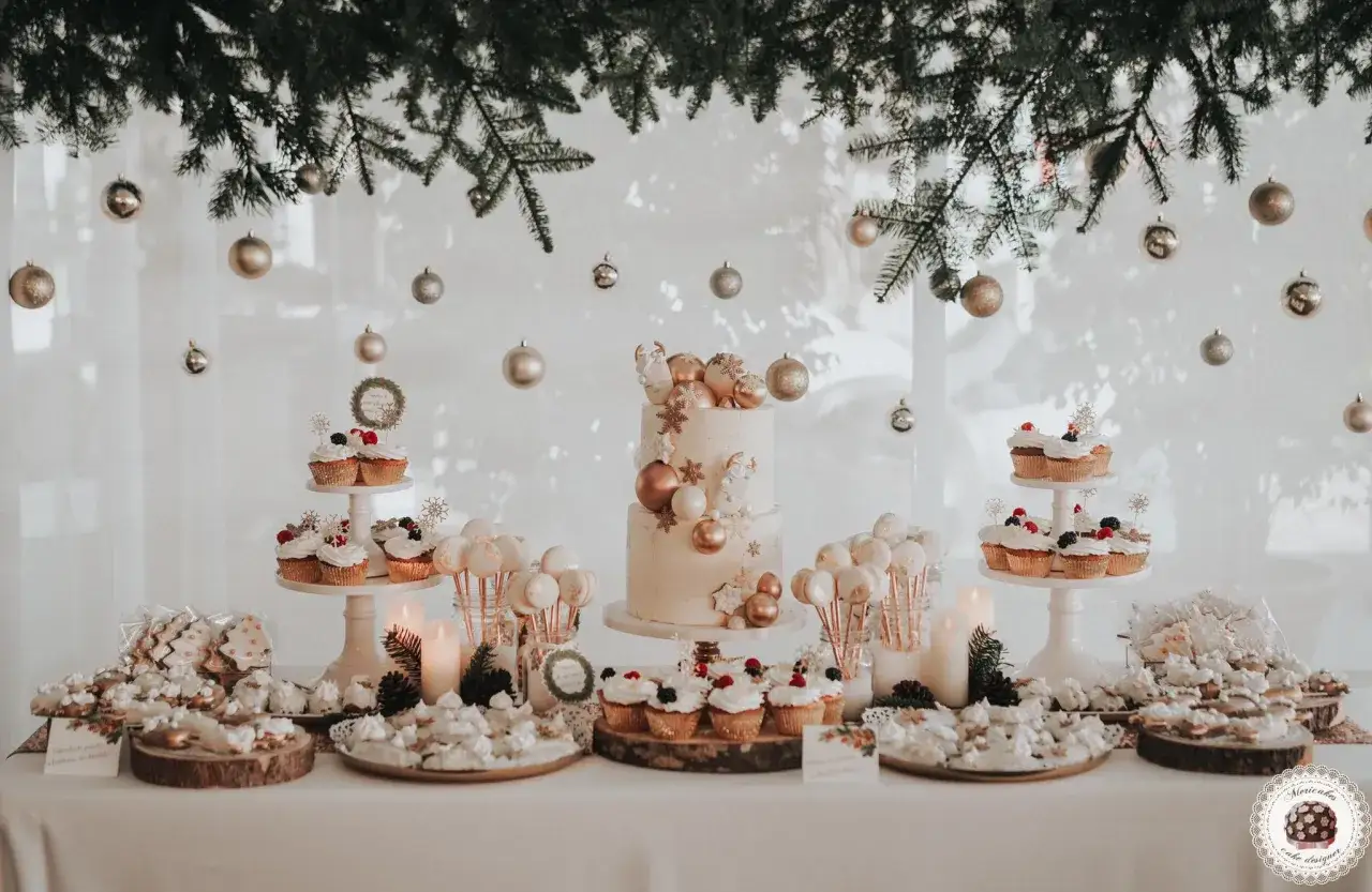Mesa dulce festiva con tartas con formas de invierno, cupcakes, galletas y adornos dorados.