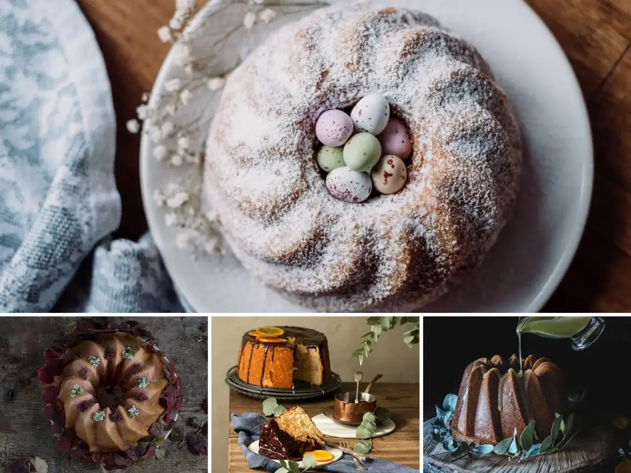 Varias tartas decoradas, incluyendo una con huevos de Pascua y azúcar glas, perfecta para una receta mona de Pascua.