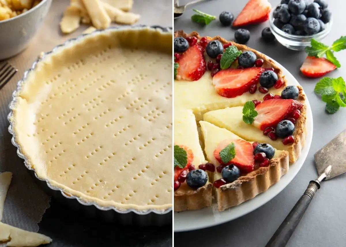 Base de masa quebrada lista para hornear y tarta terminada con frutas. Ideas para recetas con masa quebrada.