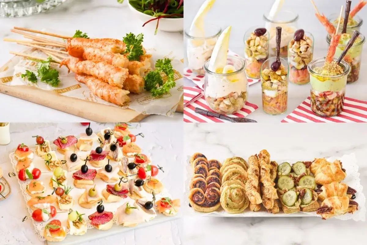 Variedad de aperitivos f&aacute;ciles: camarones en brocheta, canap&eacute;s, ensaladas en vaso y hojaldres salados.