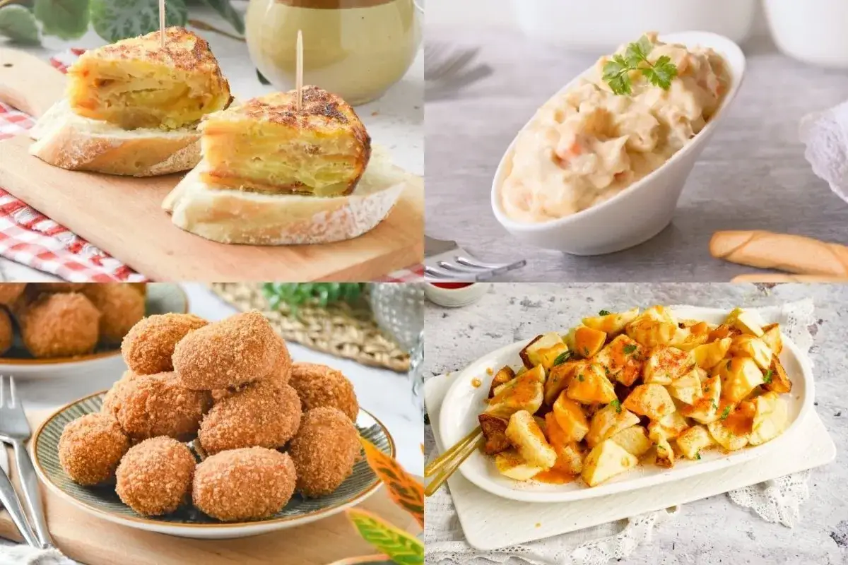 Tortilla española, croquetas, ensaladilla y patatas bravas. Un picoteo fácil y económico para compartir.