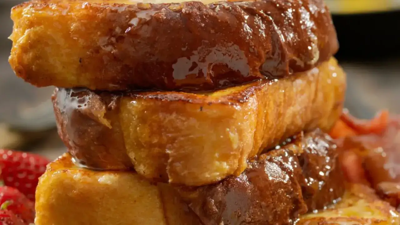 Torrija caramelizada apilada, dorada y brillante, con fresas al lado. Un dulce irresistible.