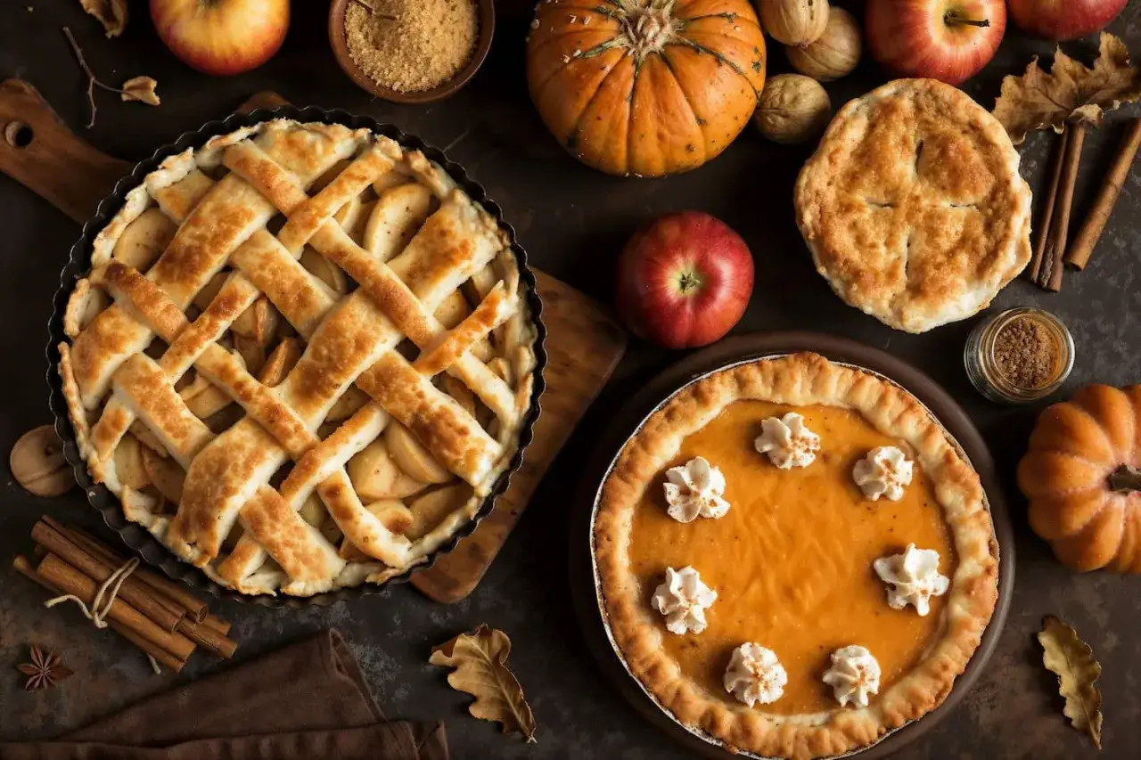 Dos deliciosos postres de Acción de Gracias: una tarta de manzana con enrejado dorado y una tarta de calabaza decorada con crema batida.