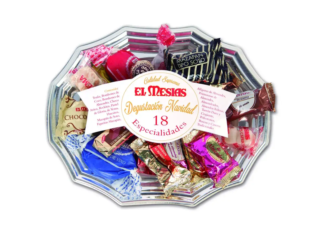 Bandeja de dulces navide&ntilde;os El Mes&iacute;as, ideal para aprender como preparar una bandeja de dulces navide&ntilde;os. Contiene 18 especialidades.