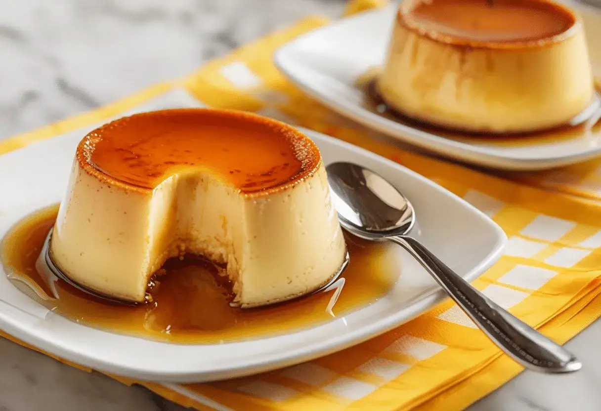 Delicioso flan de huevo con caramelo líquido, servido en plato blanco con cuchara.