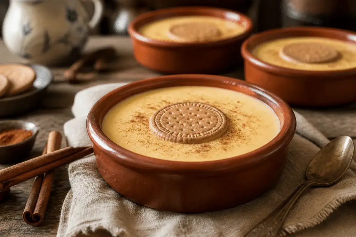 Natillas caseras cremosas en cuencos de barro, espolvoreadas con canela y coronadas con galleta.