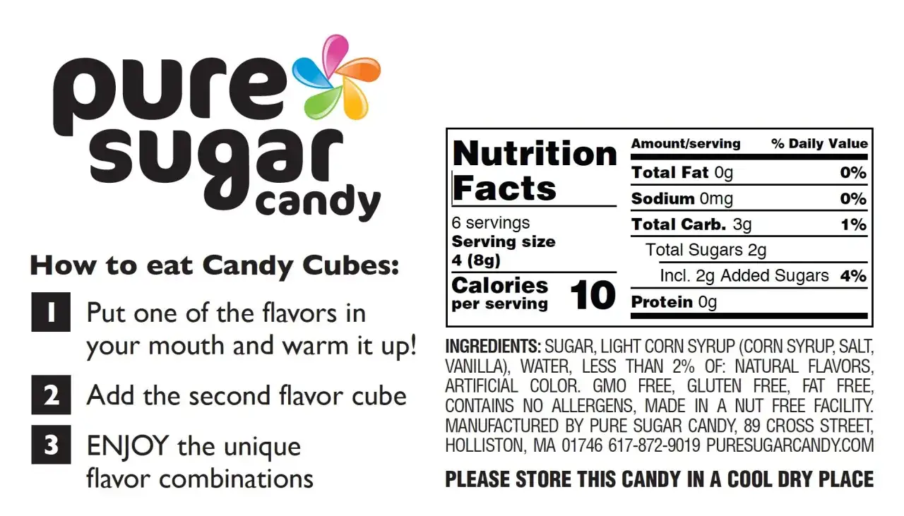 Logo de Pure Sugar Candy y tabla nutricional. Instrucciones para comer los cubos de caramelo: pon uno en tu boca, añade el segundo y disfruta las combinaciones que llevan las chuches.
