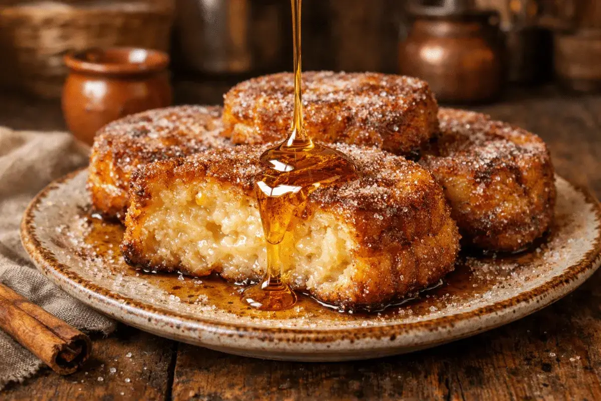 Torrija española dorada y crujiente, bañada en miel dorada y espolvoreada con azúcar y canela. ¡Un placer para la vista y el paladar!