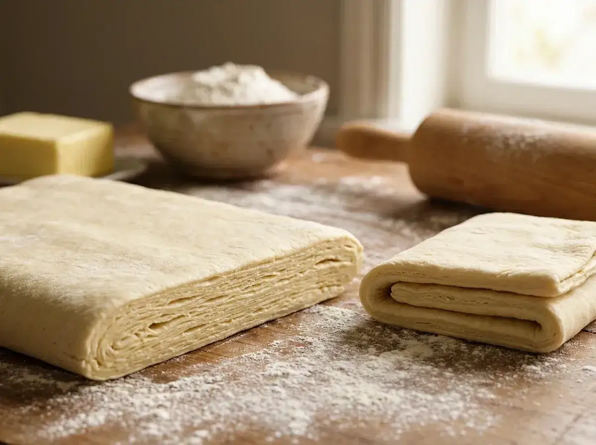 Hojaldre casero listo para hornear. Capas de masa y mantequilla esperan ser transformadas en deliciosos bocados.