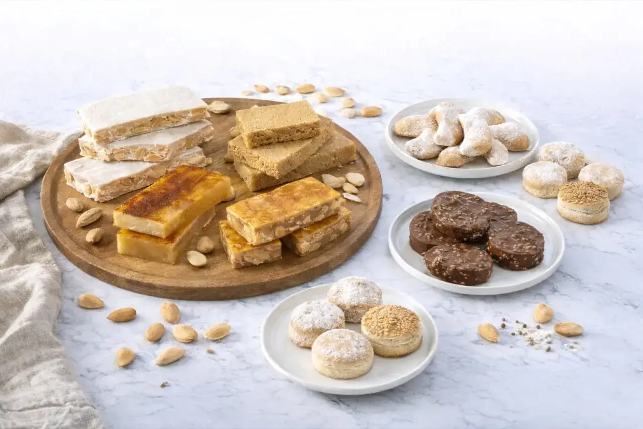 Variedad de tipos de xuxes: turrones, polvorones, bombones y más, listos para disfrutar.