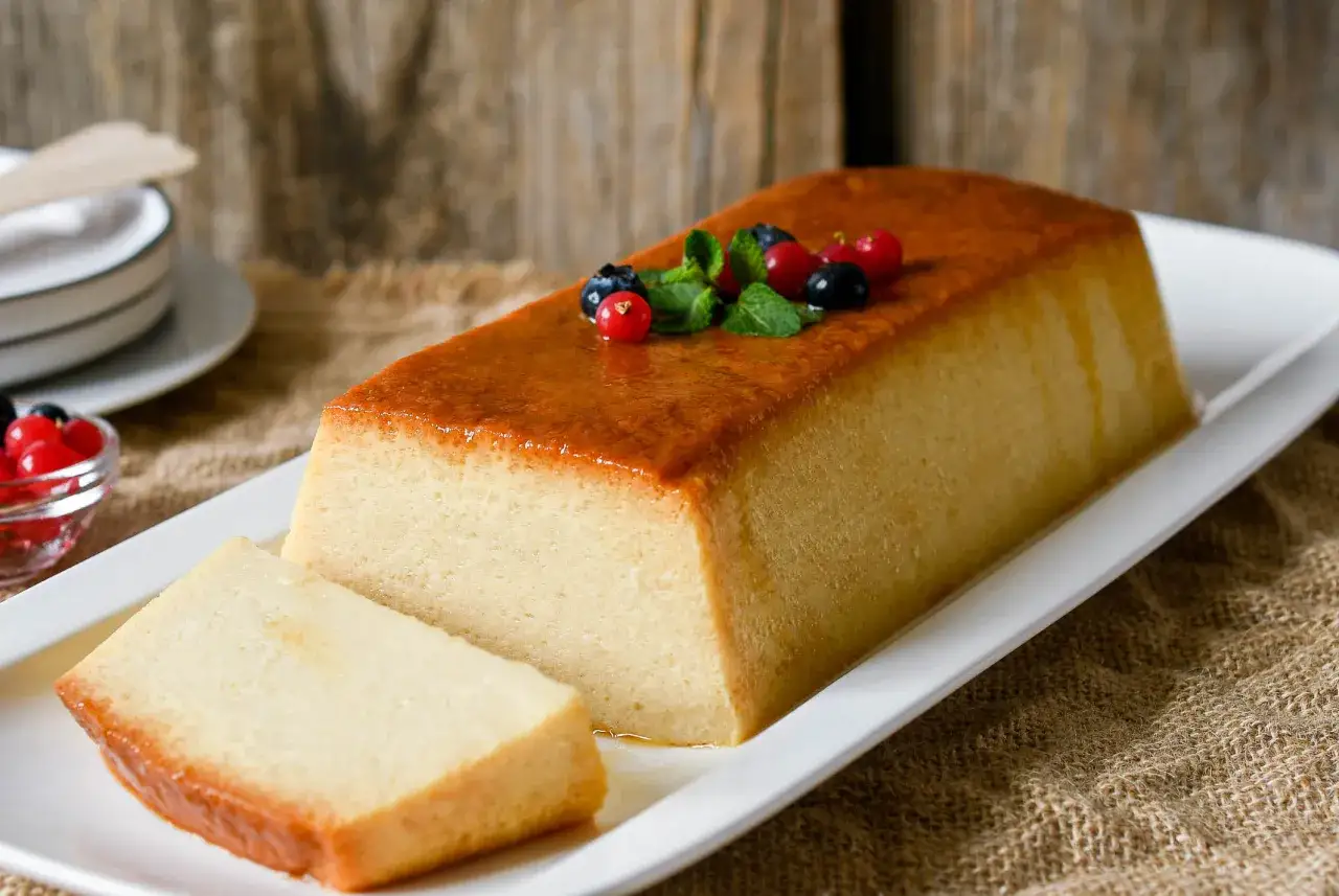 Delicioso pudin de pan con caramelo dorado, decorado con frutos rojos y menta. Una rebanada ya cortada invita a probarlo.