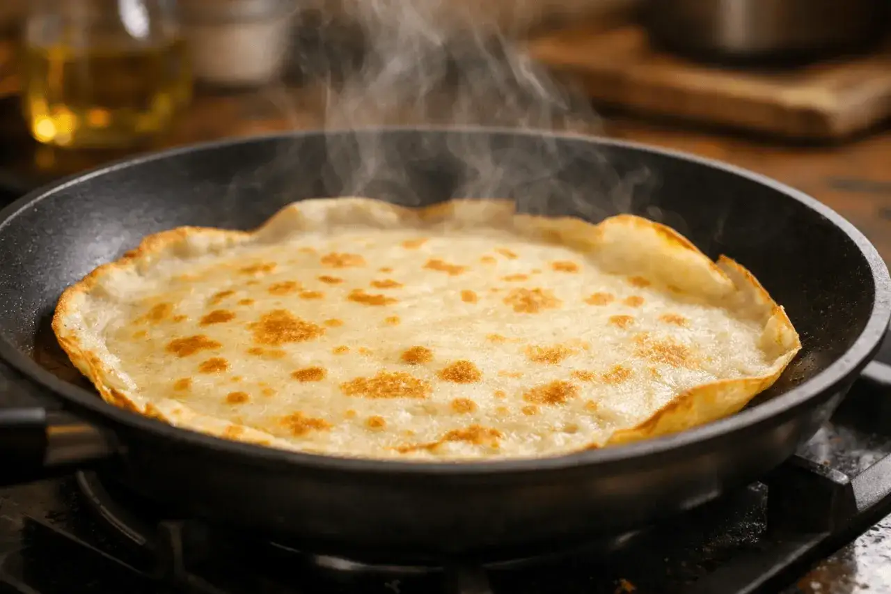 Masa crepes dorándose en sartén, con vapor ascendiendo. Perfecta para un desayuno o postre.