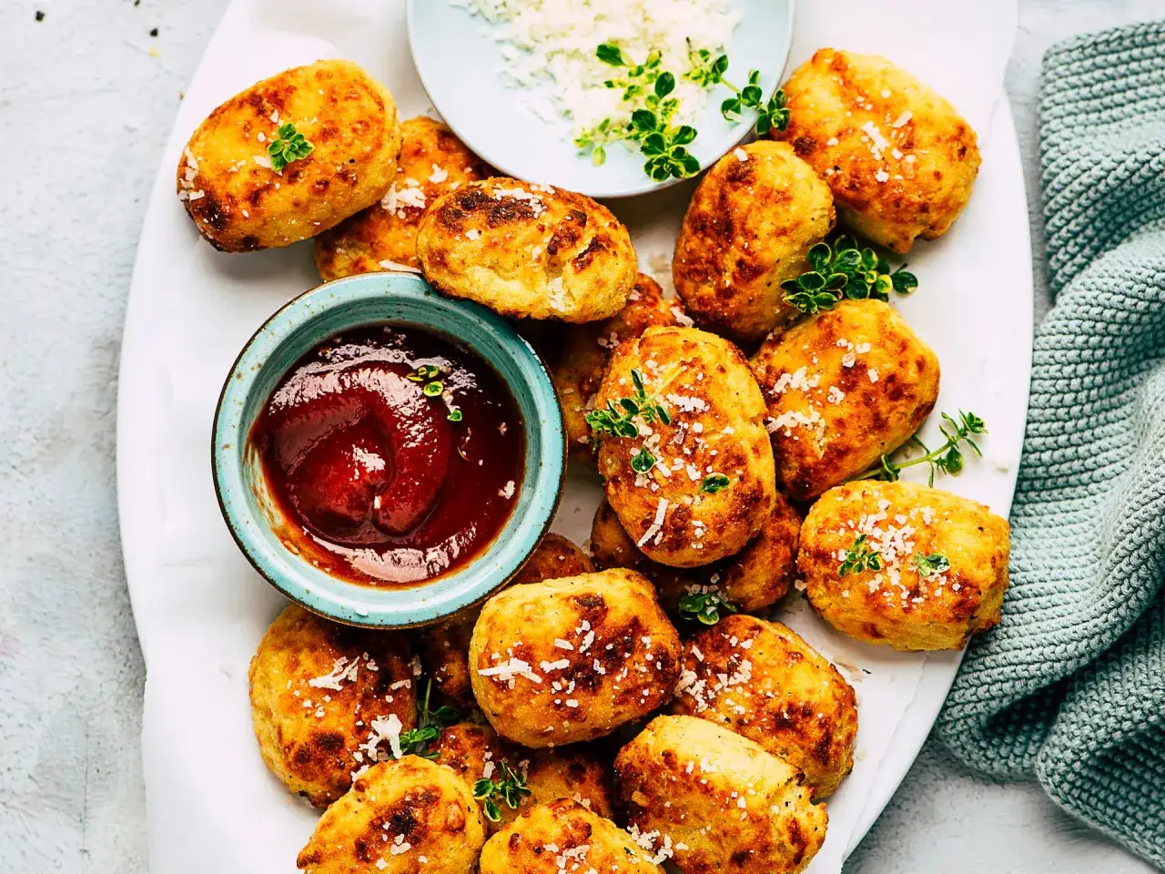 Tater tots dorados y crujientes, espolvoreados con queso rallado y servidos con salsa de tomate. &iexcl;Un aperitivo perfecto!