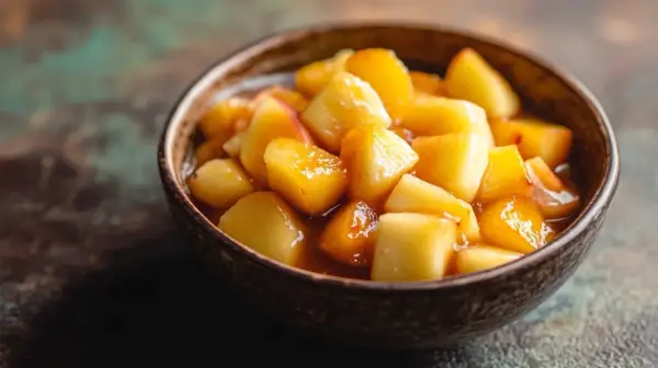 Tazón de macedonia de frutas con trozos de manzana y melocotón glaseados, listos para disfrutar.