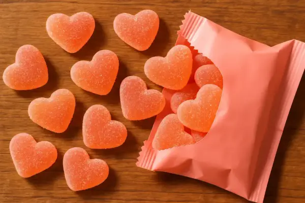 Dulces en forma de corazón, con un delicioso sabor a corazon de melocoton, esparcidos sobre una mesa de madera y saliendo de un paquete rosa.