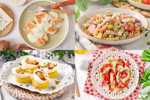 Cuatro platos deliciosos: pollo con salsa de queso azul, ensalada de pasta, huevos rellenos y pimientos salteados. ¡Recetas con pocos ingredientes fáciles de preparar!