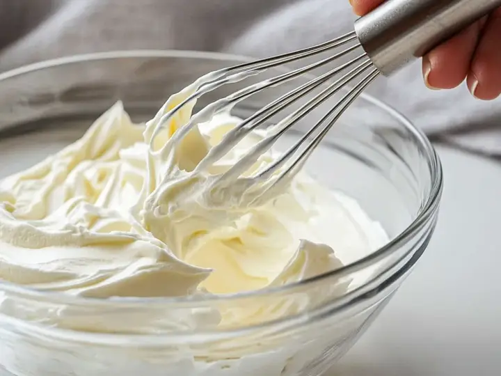 Batidor de mano mezclando crema chantilly en un bol de vidrio.