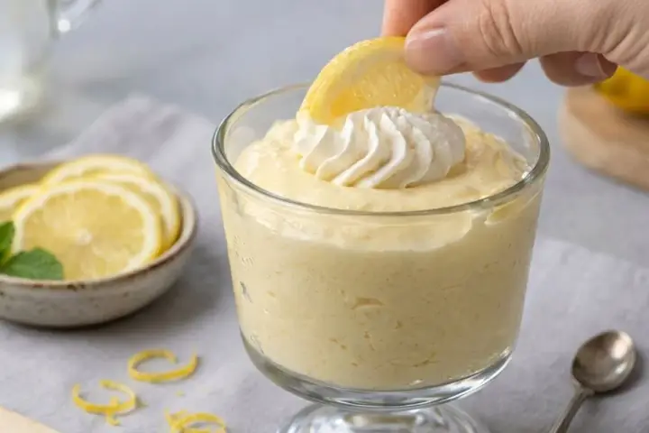 Delicioso mousse de limón receta original, decorado con crema batida y una rodaja de limón.