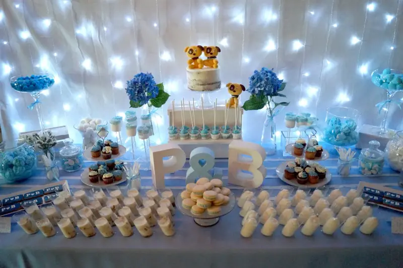 Mesa de dulces para una boda sencillo: pastel con perritos, cupcakes, macarons y postres individuales.